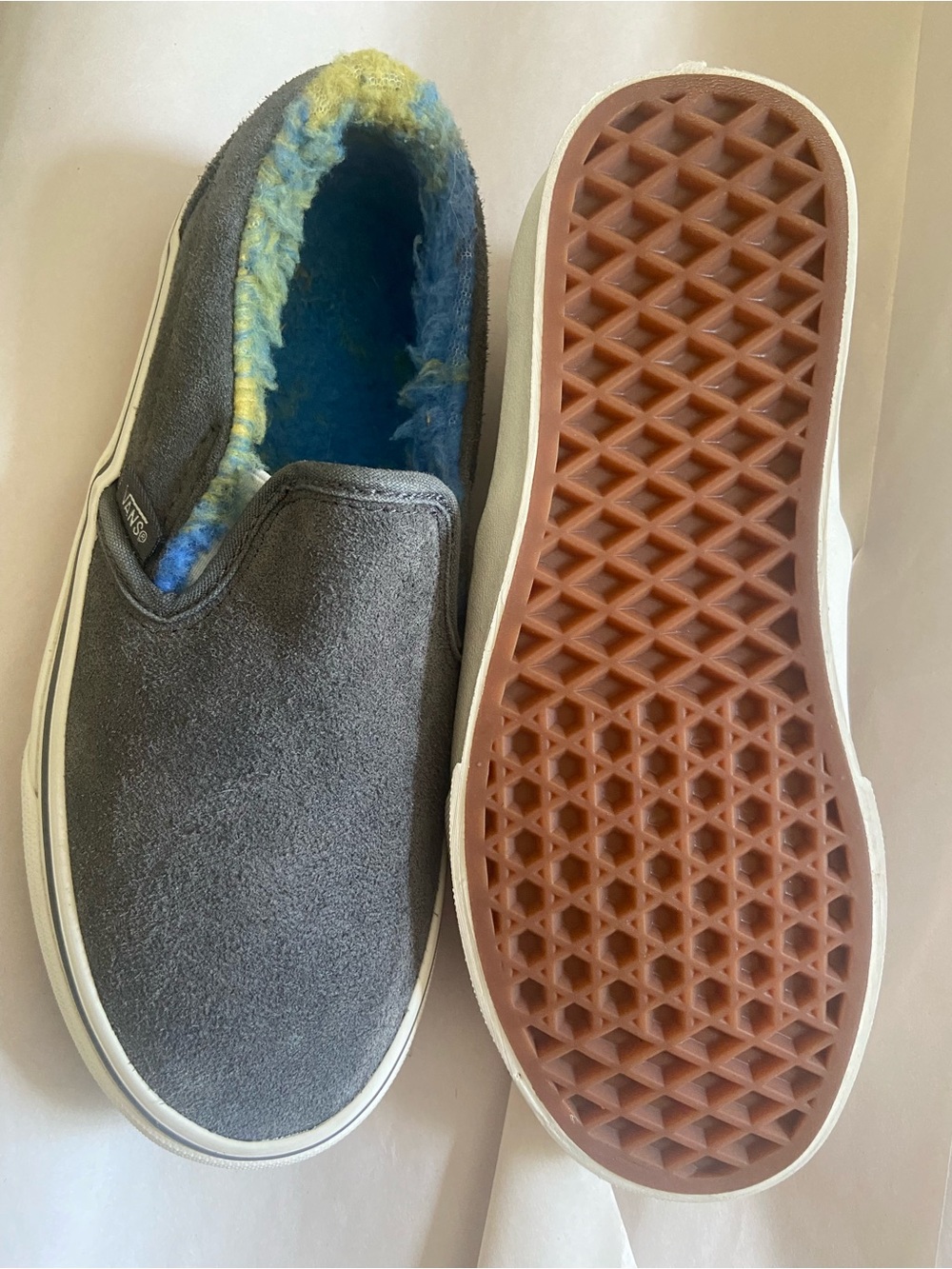 Vans Grey Slip-On with Blue and Yellow Fuzzy Lining